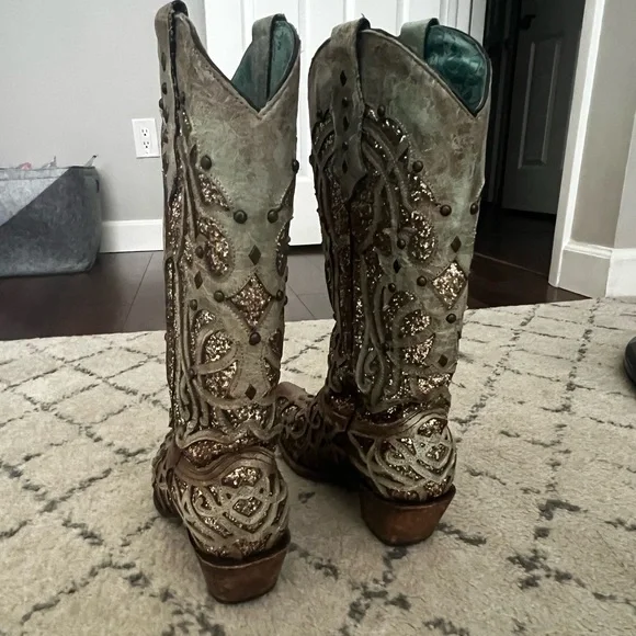 Corral Glitter Embellished Heeled Boots - Brown and Gold - Picture 4 of 7